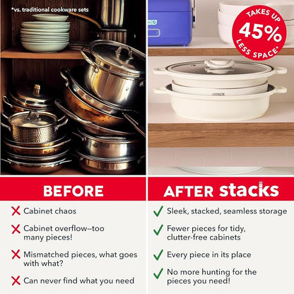 Dash Stacks Stacking Cookware Set with Electric Burner - Features CleanCoating™ Ceramic Nonstick Coating - Versatile, Nestable Pieces - Convenient Storage - Cream, 8-Piece