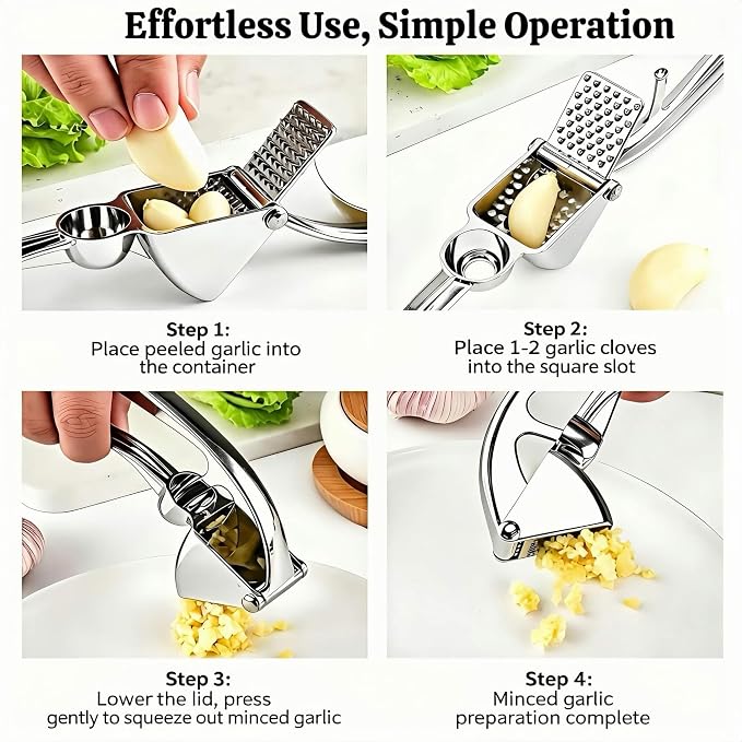 Garlic Press, Zinc Alloy Garlic Ginger Crusher & Mincer Tool Heavy Duty Garlic Mincer & Grinder with Large Chamber Multiple Studs Dishwasher Safe Ergonomic Handle Easy Squeeze Kitchen Essential