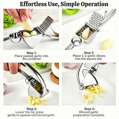 Garlic Press, Zinc Alloy Garlic Ginger Crusher & Mincer Tool Heavy Duty Garlic Mincer & Grinder with Large Chamber Multiple Studs Dishwasher Safe Ergonomic Handle Easy Squeeze Kitchen Essential