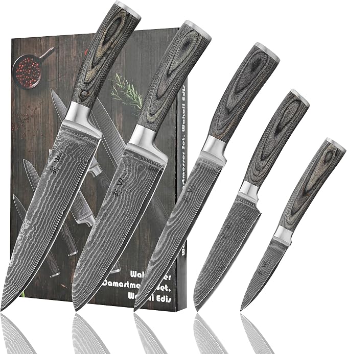 Wakoli EDIS 5-Piece Damascus Kitchen Knife Set – Professional Kitchen Knives with VG10 Core, 67-Layer Damascus Steel Blades and Ergonomic Pakkawood Handles – Premium Chef Knife Set in Gift Box