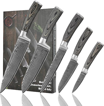 Wakoli EDIS 5-Piece Damascus Kitchen Knife Set – Professional Kitchen Knives with VG10 Core, 67-Layer Damascus Steel Blades and Ergonomic Pakkawood Handles – Premium Chef Knife Set in Gift Box