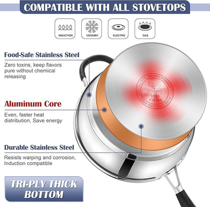 E-far Stainless Steel Cookware Set - Induction Tri-Ply Base Pots and Pans, 10-Piece Non-Toxic Kitchen Cooking Set w/Stay-Cool Handle, Frying Pans, Saucepans, Stockpot with lid, Oven & Dishwasher Safe