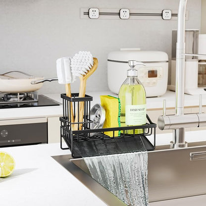 SWTYMIKI Sink Caddy Sponge Holder - Kitchen Sink Organizer with Stainless Steel Self Drain Tray & High Brush Holder for Countertop to Hold Dish Soaps and Sponges, Stainless Steel, Black