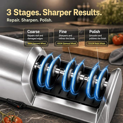 Electric Knife Sharpener for Kitchen, 3-Stage Professional Kitchen Knife Sharpener with 15° Precision Angle Guide, Fast & Portable Stainless Steel Grinding Tool for Sharpening, Repairing & Polishing