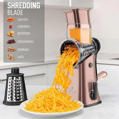 Zulay Kitchen Rotary Cheese Grater 5 Blade Cheese Shredder - Manual Hand Crank Cheese Grater With Reinforced Suction & 5 Interchangeable Drums - Easy to Use, Vegetable Chopper Round Mandoline Slicer