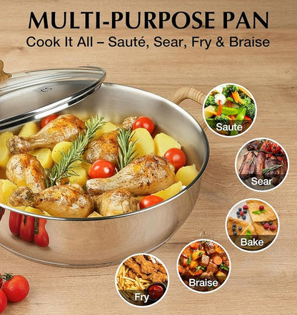 KOCH SYSTEME CS 12 Inch Stainless Steel Saute Pan with Lid, 5.5 Quart Deep Frying Pan with Double Handles, 18/10 Stainless Steel Pan with Cool-Touch Bakelite Handle, Deep Frying Pan, Induction Ready