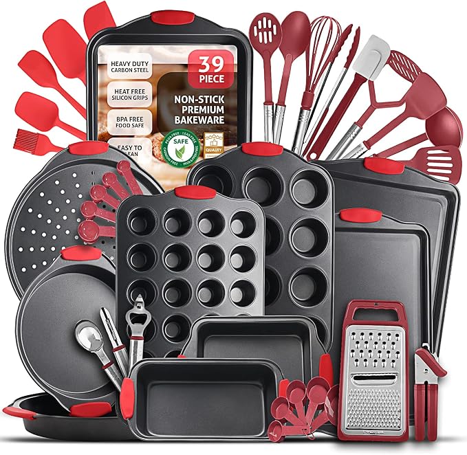 Baking Pan Set, 39 Piece Premium Baking Set, Nonstick Bakeware Sets BPA Free, Cookie Sheets for Baking Nonstick Set, Steel Baking Sheets for Oven with Muffin Pan, Cake Pan & Red Kitchen Utensils