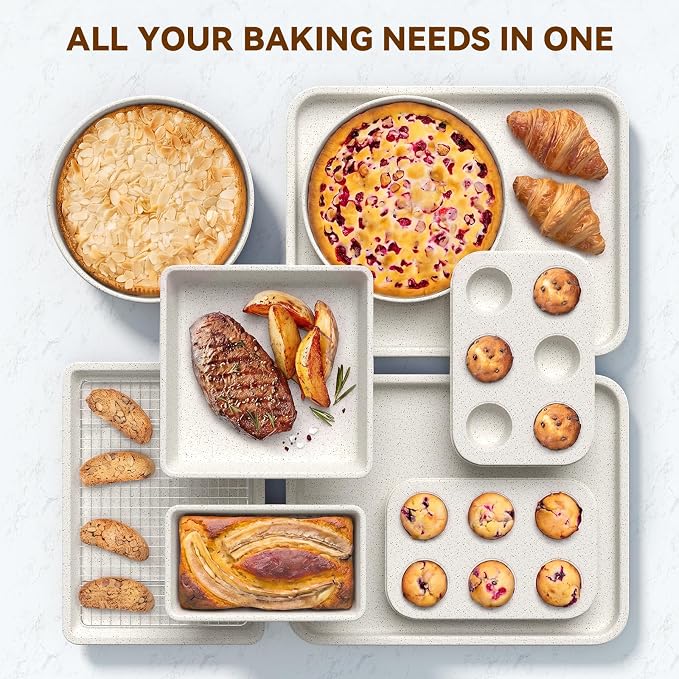 Wildone 13-Piece Baking Pans Set Nonstick - Stackable Bakeware Sets Including Cookie Sheets for Baking, Rack, Muffin Pan, Cake pan, Loaf Pan, Roasting Pan, Heavy Duty & Easy Clean, White