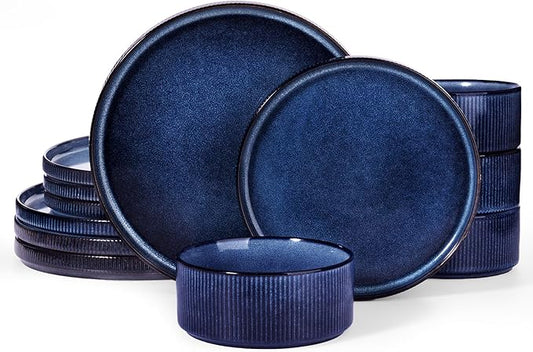Famiware Star 12-Piece Stoneware Dinnerware Sets for 4, Reactive Glaze Plates and Bowls, Modern Rustic Dishes for Everyday & Formal Use, Chip/Scratch Resistant, Microwave/Dishwasher Safe, Nebulas Blue