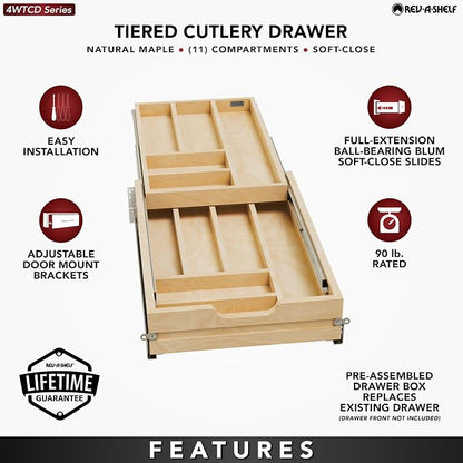 Rev-A-Shelf Maple Two-Tier Cutlery Replacement Drawer System w/ BLUM Soft-Close for Face Frame Base Kitchen Cabinets, Kitchen Drawer Organizer, Min Opening Width of 15", 4WTCD-18HSC-1