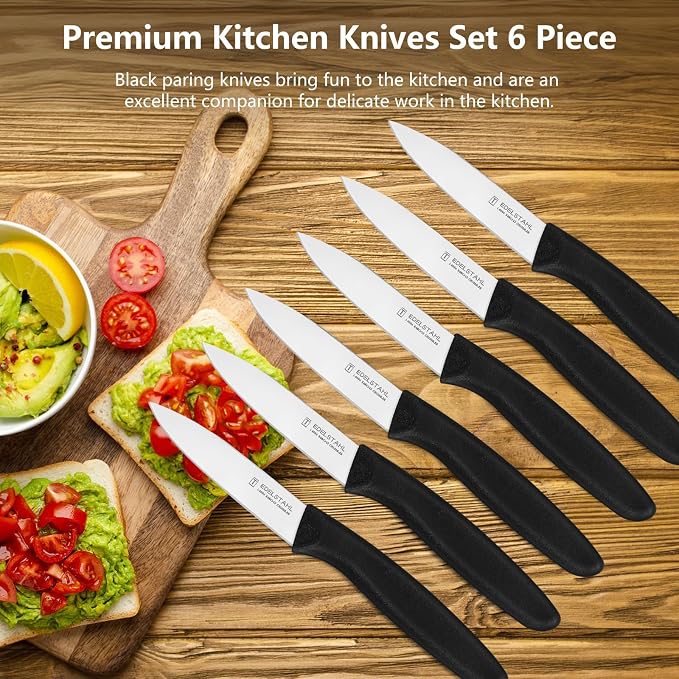 Paring Knife Set of 6,Premium Paring Knives,Stainless Steel Vegetable&Fruit Knife,Sharp Small Knife Set,Straight Edge Paring Knives Set,PP Plastic Handle Cutting Knifes,Black,Peeling Knives