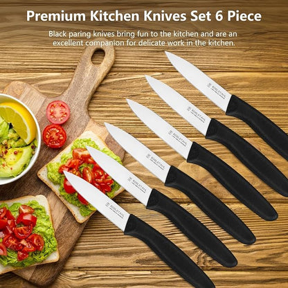 Paring Knife Set of 6,Premium Paring Knives,Stainless Steel Vegetable&Fruit Knife,Sharp Small Knife Set,Straight Edge Paring Knives Set,PP Plastic Handle Cutting Knifes,Black,Peeling Knives