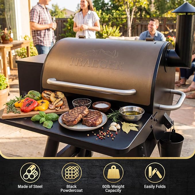 Folding Front Shelf for Traeger Pro 22 & Pro 575 Pellet Grills, Fits Ironwood 650, BAC362 Replacement Grill Shelf, 25" x 12" Heavy-Duty Steel Prep Table, Fold-Down Space-Saving Grill Accessory
