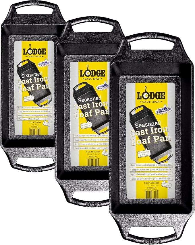 Lodge Seasoned Cast Iron Loaf Pan 8.5 Inches - Pre-Seasoned Rectangular Cast Iron Bakeware- Even Browning Bread Pan with Easy-Release Finish - PFAS-Free Non-Toxic Cookware (Pack of 3)