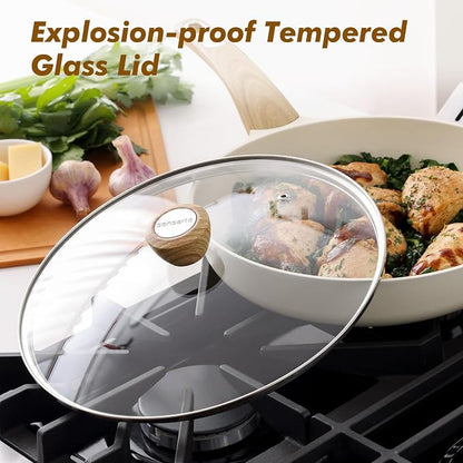 SENSARTE Ceramic Nonstick Frying Pan Skillet with Lid, 9.5inch Non Stick Pan Omelet Pans, Non-toxic Kitchen Cooking Chef's Pan, Free of Intentionally Added PFAS/PTFE/PFOA, Induction Compatible, White