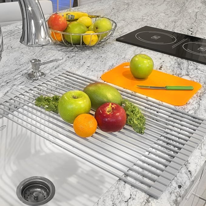 Sorbus Roll-Up Dish Drying Rack [Large 20.5'' X 13"] Over The Sink Drying Mat,- Multipurpose Dish Drainer - Fruits and Vegetable Rinser - Durable Silicone Covered Stainless Steel (Warm Gray)