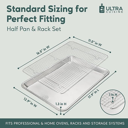 Ultra Cuisine Aluminum Baking Sheet with Stainless Steel Cooling Rack Set -Half Sheet Size Pan 13 x 18 inch, Durable Rimmed Sides, Easy Clean, Commercial Quality for Cooking and Roasting