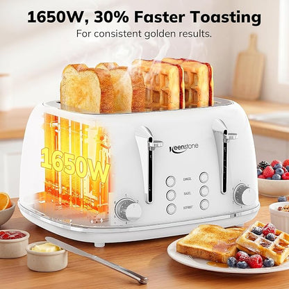 Keenstone Toaster 4 Slice, Retro Stainless Steel Wide Slot Toaster with Dual Independent Controls, 6 Browning Levels, Bagel, Defrost, Reheat & Cancel, Removable Crumb Tray, White