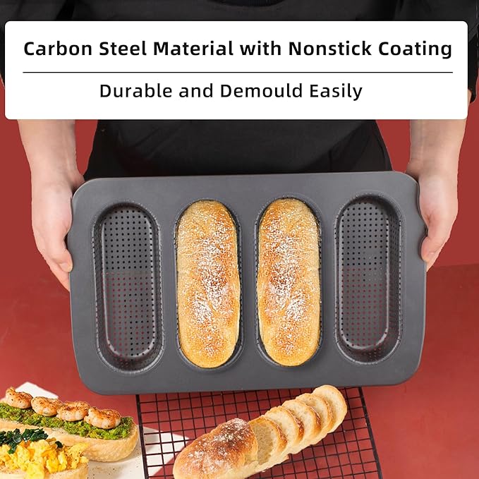 Carbon Steel Hot Dogs Buns Mold - Set of 2 Baguette Pan Nonstick French Bread Loaf Pan 4 Trays Baking Mold for Hot Dogs, Buns
