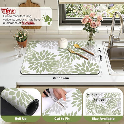Findosom Floral Dish Drying Mat, 12" x 20" Super Absorbent & Hide Stain Coffee Mat, Cuttable Drying Mat for Kitchen Counter, Under Dish Rack, Coffee Maker, Espresso Machine, Sage Green