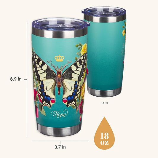Christian Art Gifts Stainless Steel Double Wall Vacuum Insulated Tumbler 18 oz Butterfly Teal BPA-free Travel Mug with Retractable Lid Inspirational Bible Verse for Women - Hope -Isaiah 40:31