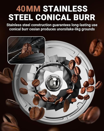 AMZCHEF Coffee Grinder, Coffee Bean Grinder for Home Use with Precise Grinding, LED Control Panel, Detachable Funnel Stand, Anti-static Design, 48 Grind Settings, Silver