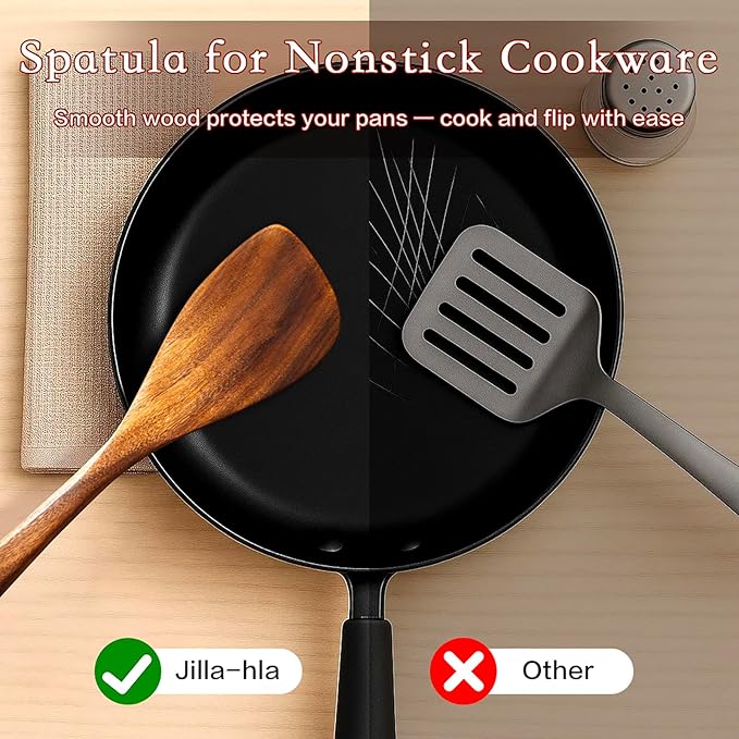 Jilla-hla Wooden Spatula Nonstick Turner Acacia Wood, Left Long Handle Flat Frying Spatulas Handmade for Kitchen Gifts, Ideal Cookware Utensils for Cooking Eggs, Fish, Pancakes