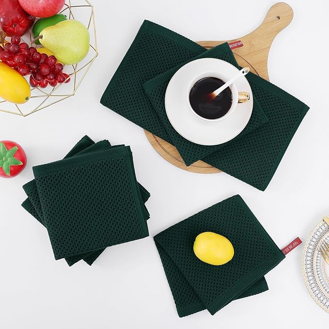Homaxy 100% Cotton Waffle Weave Kitchen Dish Cloths, Ultra Soft Absorbent Quick Drying Dish Towels, 12 x 12 Inches, 18-Pack, Blackish Green