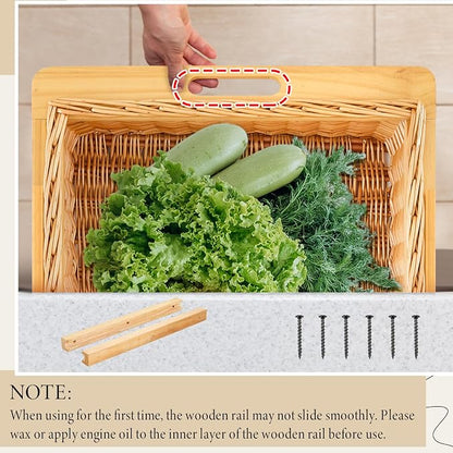 Rustic Wicker Pull out Cabinet Organizer Basket Drawers with Frame and Runners Slide 20" W x 20" l x 8" H for Kitchen Shelf Pantry Storage, Easy DIY Installation