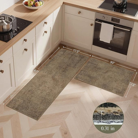 GENIMO Kitchen Mats for Floor 2PCS, Washable Absorbent Runner Rugs for Kitchen, 17.3"x47"+17.3"x30", Cushioned Non Slip Kitchen Rugs for Kitchen Floor,Standing Mat Rug for Home, Sink, Laundry, Jute
