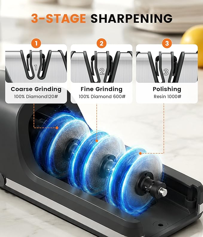 Newise Electric Knife Sharpener for Kitchen Knives - 3 - stage 15°&20° Dual Sharpening Heads, 100% Diamond Abrasive - Quick & Precise Sharpening, Ideal Gift