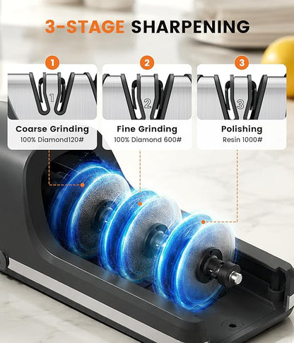 Newise Electric Knife Sharpener for Kitchen Knives - 3 - stage 15°&20° Dual Sharpening Heads, 100% Diamond Abrasive - Quick & Precise Sharpening, Ideal Gift