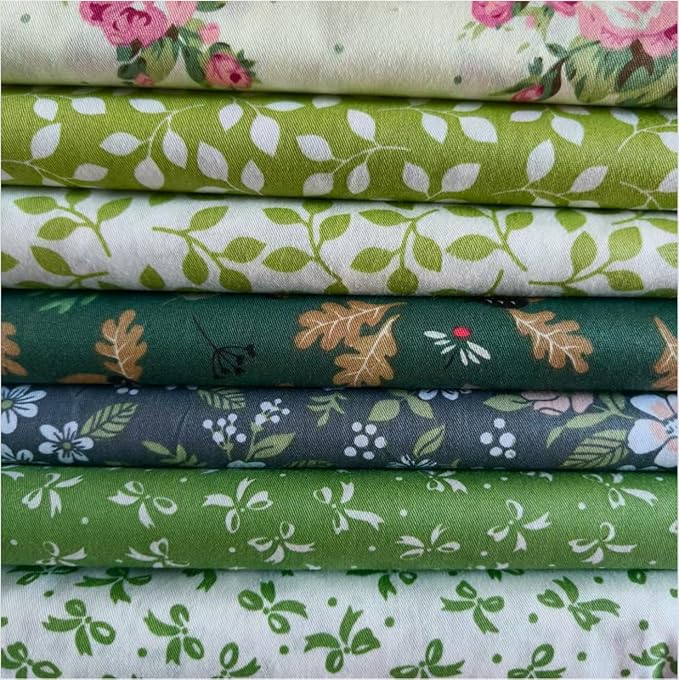 7PCS 9.8" x 9.8"(25 * 25CM) Quilting Fat Quarters Fabric Bundles, for Sewing Crafting,Print Floral Striped Polka Dot 100% Cotton Gingham Fabric (Green Flowers, 25 * 25cm)