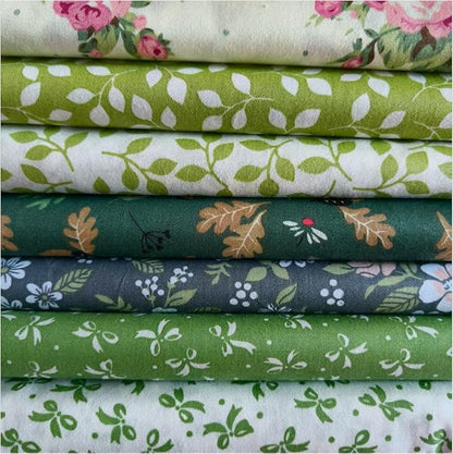 7PCS 9.8" x 9.8"(25 * 25CM) Quilting Fat Quarters Fabric Bundles, for Sewing Crafting,Print Floral Striped Polka Dot 100% Cotton Gingham Fabric (Green Flowers, 25 * 25cm)