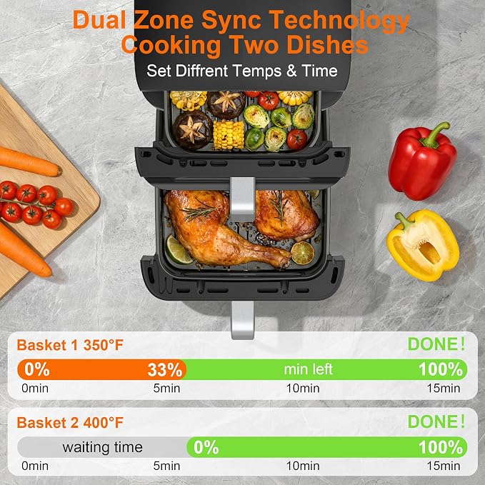 13QT Dual-Basket Air Fryers, Vertical Compact Large Air Fryers with viewing window & Independent Light, 10-in-1 Presets for Home Family, Bake/Dehydrate/Reheat, Double Zone Air Fryer Dishwasher-Safe