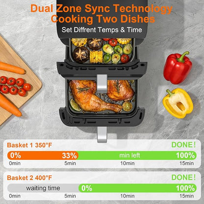 13QT Dual-Basket Air Fryers, Vertical Compact Large Air Fryers with viewing window & Independent Light, 10-in-1 Presets for Home Family, Bake/Dehydrate/Reheat, Double Zone Air Fryer Dishwasher-Safe