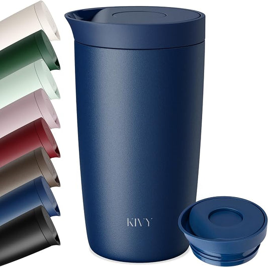 KIVY Thermos Mug 12oz [COFFEE MUG TO GO] - Insulated Stainless Steel Thermal Coffee & Tea Mug Dishwasher Safe & Leak Proof - Travel Mug - Coffee Cup - Drinking Mug Hot & Cold Beverages - Dark Blue