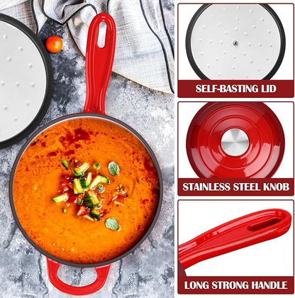 E-far Enameled Cast Iron Sauce Pan, 2 Quart Dutch Oven Saucepan with Lid, Small Sauce Pot for Cooking, Boiling, Healthy & Non Toxic, Induction & Oven Safe, Red