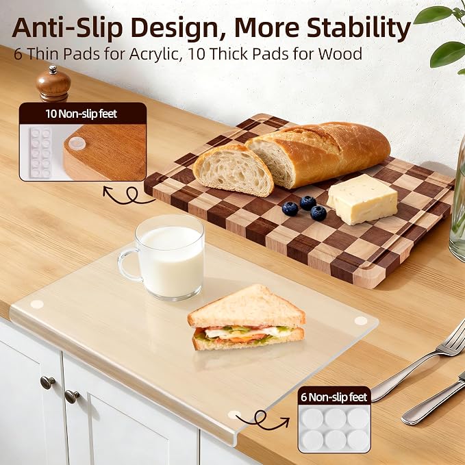 Cutting Board Set of 2 – Checkered Wood & Acrylic Cutting Board with Counter Lip for Kitchen Counter, Wood Checkerboard Chopping Board with Juice Grooves for Vegetables, Fruits, Meat