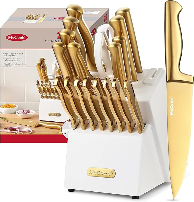 McCook® Kitchen Knife Sets, Golden Titanium Stainless Steel Knives Block Set with Built-in Sharpener, 20 Piece Knives, Restaurant Grade Sharp, Elegant Gold & Stylish Wooden Block for Modern Culinary