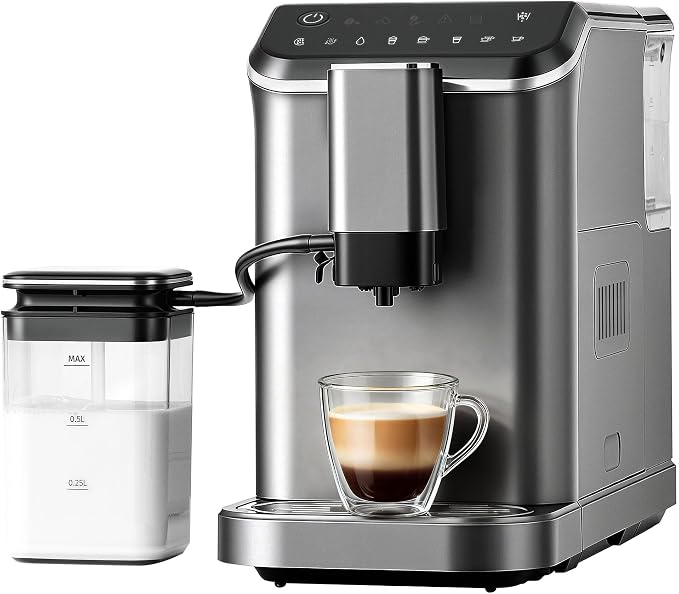 Fully Automatic Espresso Machine, 20 Bar Coffee Maker with Grinder & Milk Frother, Touchscreen Automatic Coffee Machine with 15 Grind Settings for Espresso, Latte & Cappuccino