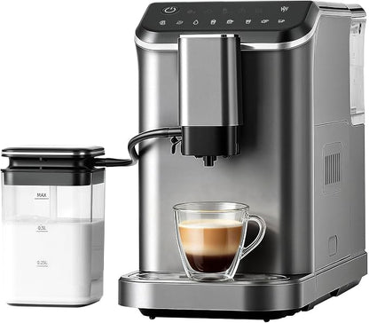 Fully Automatic Espresso Machine, 20 Bar Coffee Maker with Grinder & Milk Frother, Touchscreen Automatic Coffee Machine with 15 Grind Settings for Espresso, Latte & Cappuccino
