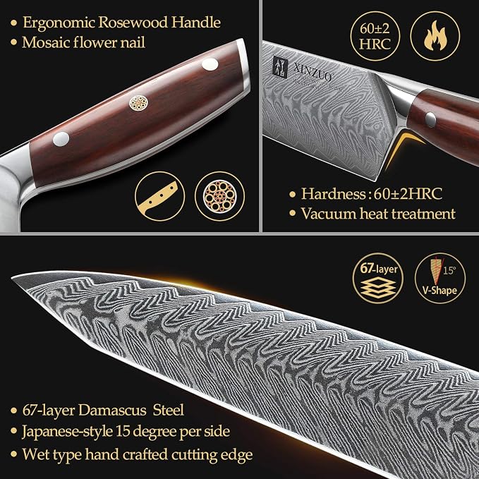 XINZUO 7PCS Knife Block Set,Professional Damascus Steel Chef Knife Santoku Bread Utility Fruit Knife with Multifunctional Kitchen Shears,Ergonomic Rosewood Handle