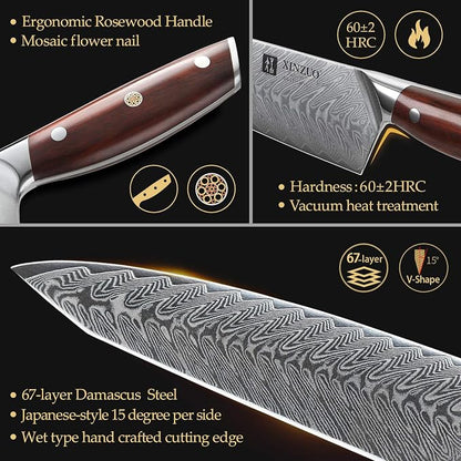 XINZUO 7PCS Knife Block Set,Professional Damascus Steel Chef Knife Santoku Bread Utility Fruit Knife with Multifunctional Kitchen Shears,Ergonomic Rosewood Handle