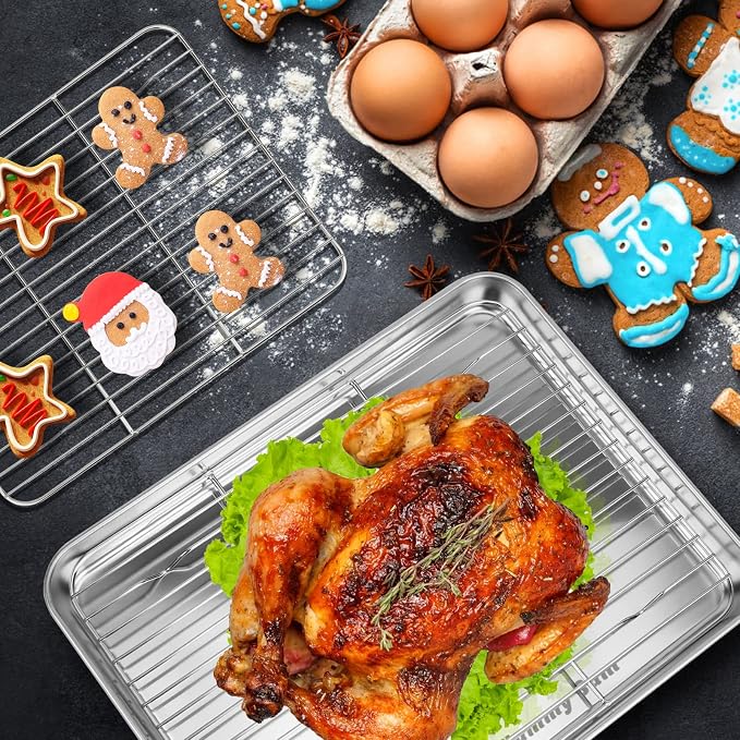 Yummy Sam Baking Sheet With Rack Set Including 3 Pans and 3 Racks Stainless Steel Cookie Sheet Baking Pans With Cooling Rack for Oven Heavy Duty Food Grade Rust Free Stainless Steel Half Sheet