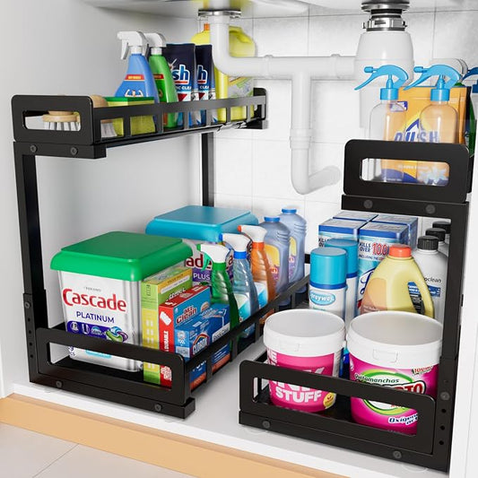 Under Sink Organizer 2 Pack, Metal Large Capacity 2-Tier Sliding Cabinet Storage Rack, Heavy-Duty Rust-Resistant Steel Frame, Holds 50 lbs Each, Adjustable Height 12–16", 14"D x 11"W for Home, Black