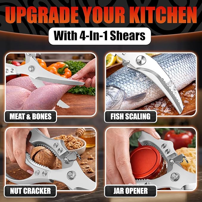 Tomato Knives - Premium Stainless Steel Poultry Shears, Heavy Duty Kitchen Scissors, Hardened Blades, One-Hand Safety Lock, Spring Mechanism, Dishwasher Safe - Chicken, Meat, Turkey, Fish & Vegetables