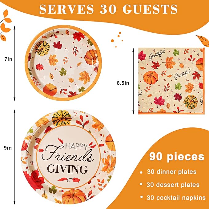 90PCS Friendsgiving Paper Plates and Napkins Sets, Disposable Party Supplies for Fall Thanksgiving Party Decorations, Friendsgiving Dinnerware Sets Serve 30 Guests