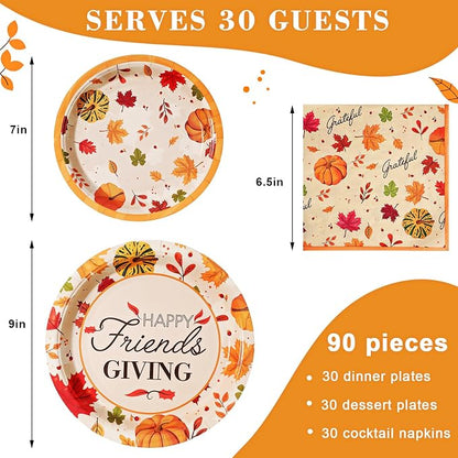 90PCS Friendsgiving Paper Plates and Napkins Sets, Disposable Party Supplies for Fall Thanksgiving Party Decorations, Friendsgiving Dinnerware Sets Serve 30 Guests