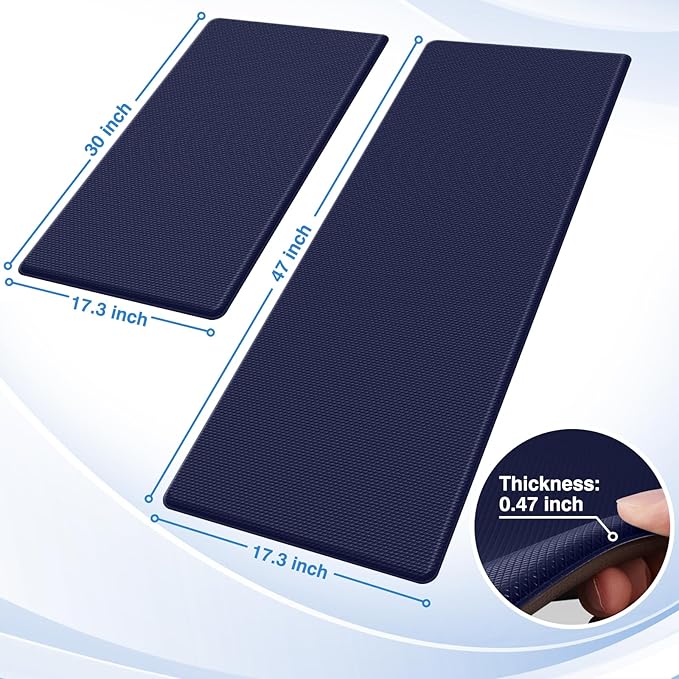 StepRite Kitchen Mats, 2PCS Kitchen Rugs, Cushioned Anti Fatigue Kitchen Mats for Floor, Non-Slip Standing Desk Mat, Waterproof Kitchen Rug Set for Kitchen, Floor, Office, 17.3"x30"+17.3"x47", Blue